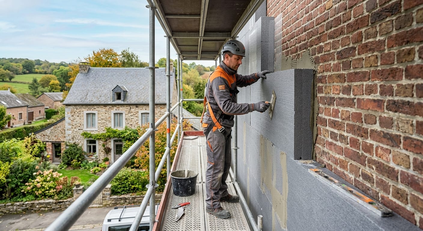 Façadier professionnel appliquant un isolant thermique haute performance sur le mur d'une habitation en Wallonie